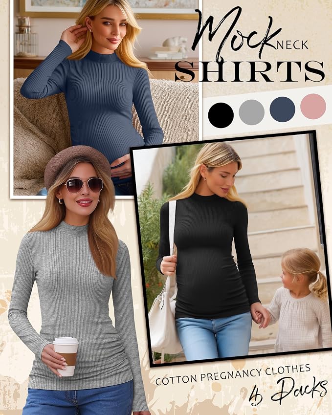 4 Packs Womens Maternity Shirts Long Sleeve Cotton Ribbed Pregnancy Mock Neck - Image 3