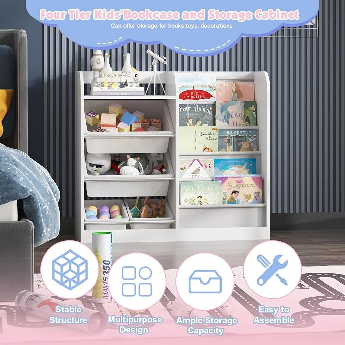White Kids Wood Bookshelf Toy Storage Box Organizer Shelf W/4 Removable Plastic - Image 5