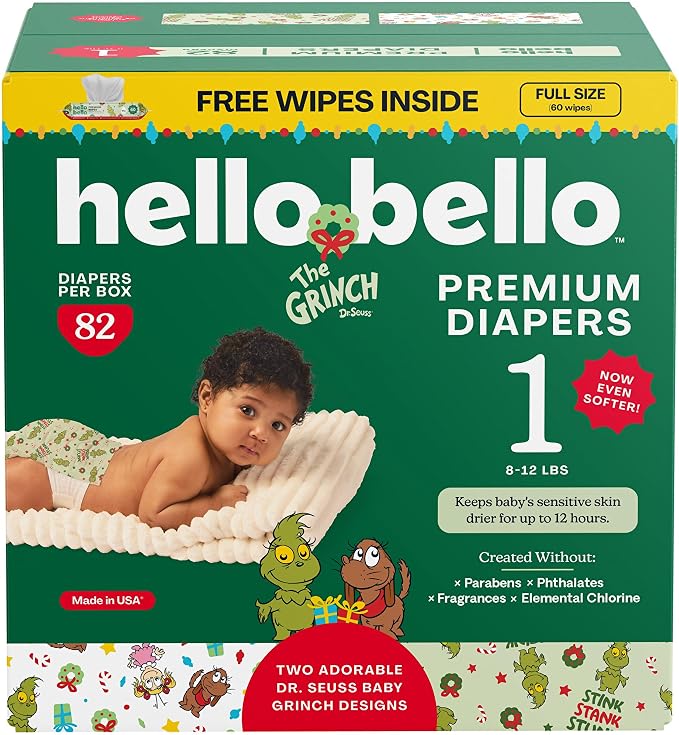 Hello Bello Dr. Seuss Baby Grinch Premium Diapers, Size 1, 82ct Plus Bonus by HelloBello
