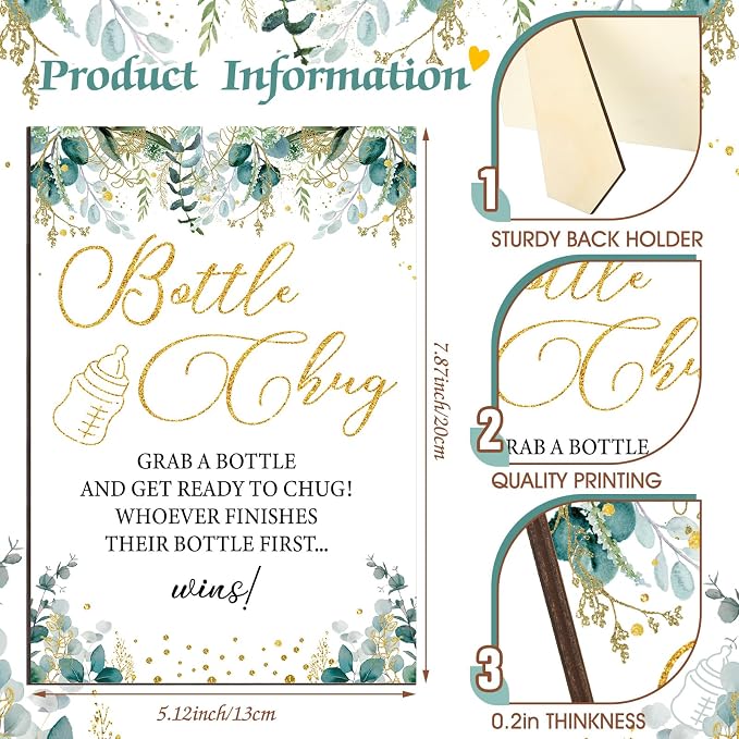 TrelaCo Greenery Cool Baby Shower Games Bottle Chug Sign Wooden Neutral - Image 4