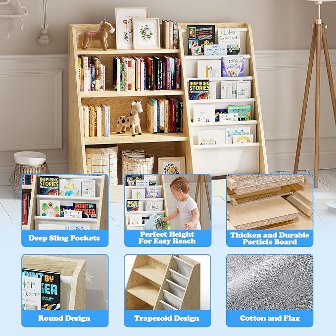 4 Tier Kids Wooden Bookshelf, Five Layer Sling Children Bookcase, Baby Storage - Image 5