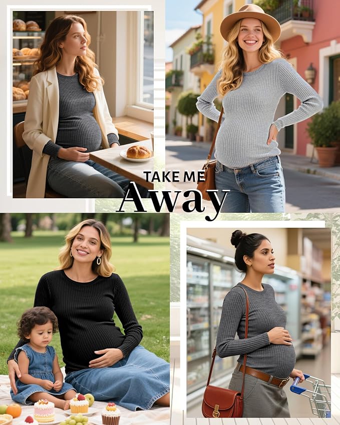 Riyiper 3 Pack Women's Maternity Shirts Long Sleeve Ribbed Knit Pregnancy Tees - Image 5