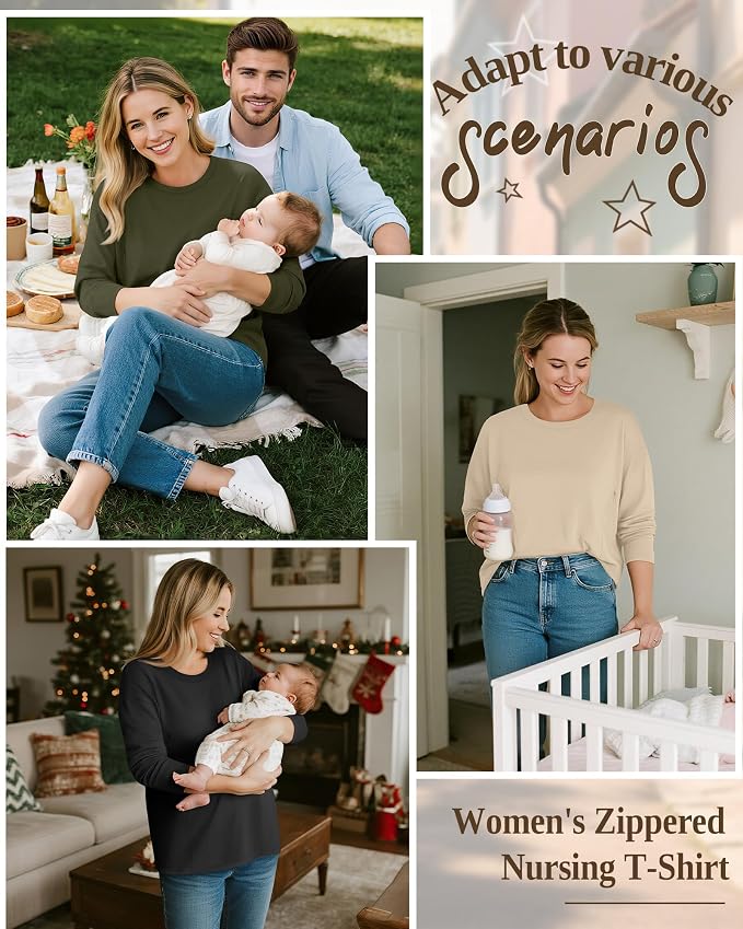 3 Pack Women's Nursing Breastfeeding Tops, Long Sleeve Maternity Shirts - Image 2