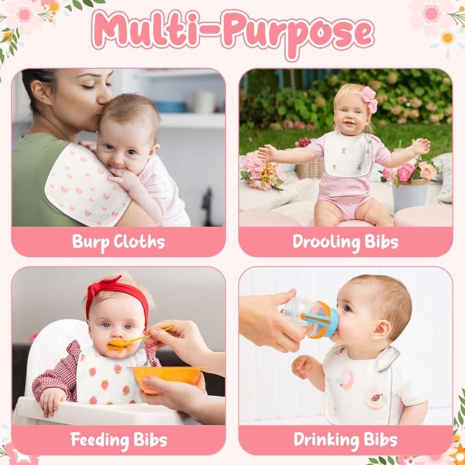 Zainpe 6Pcs Snap Muslin Cotton Baby Bibs Flowers Strawberry Patterns Infants - Image 6