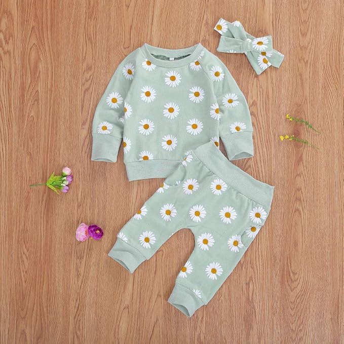 3Pcs Baby Girl Outfits Daisy Sweatshirt + Pants + Headband Infant Fall Winter - Image 6