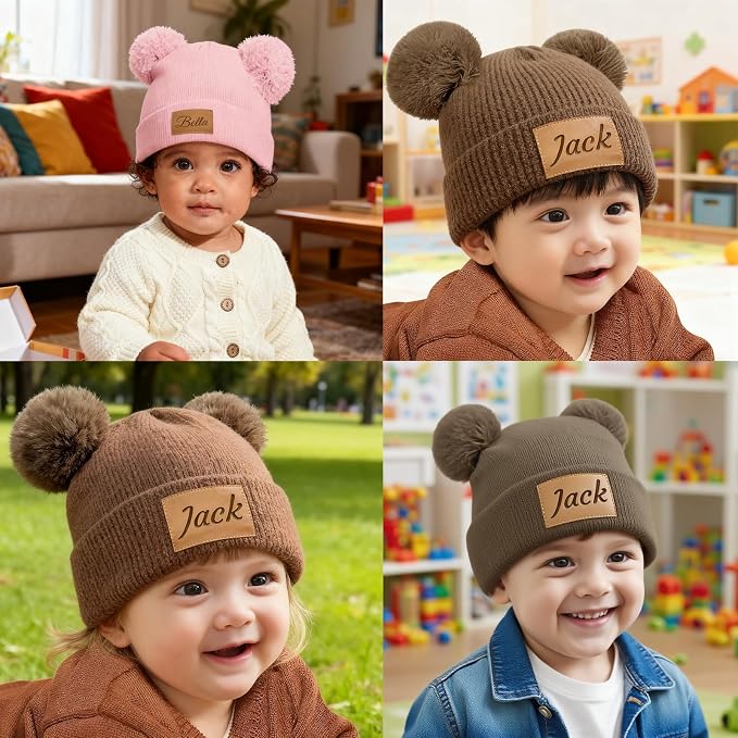 Custom Baby Beanies Personalized Toddler Winter Hats Name Leather Patch Kids - Image 6