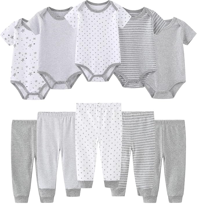 Baby Bodysuit and Pant Set 10-pcs Cotton Soft Newborn Boy Girl Clothes Outfits by Ruliby
