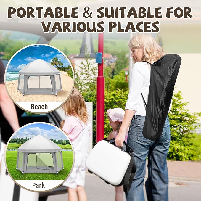 Portable Baby Playpen with Inflatable Mattress & Sunshade, Outdoor Baby Playpen - Image 7