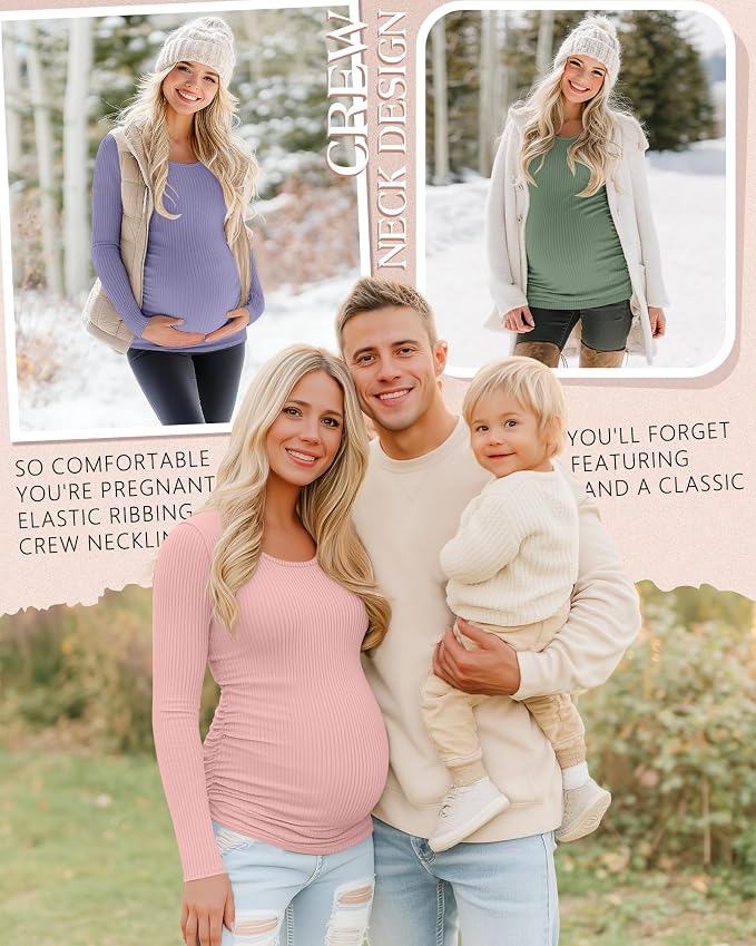 Riyiper 4 Pack Women's Maternity Shirts, Long Sleeve Cotton Ribbed Pregnancy - Image 4