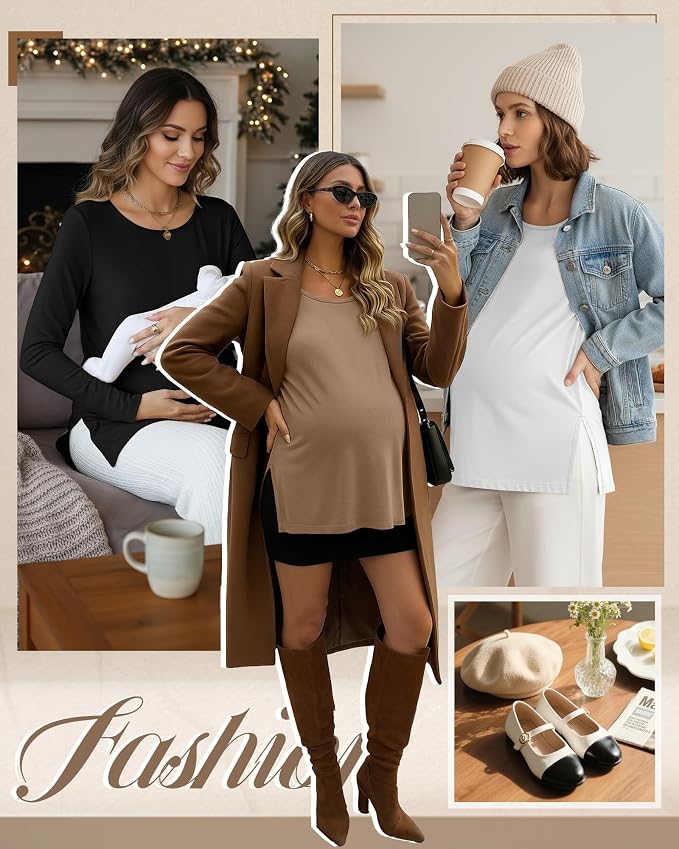 Riyiper 3 Pack Women's Maternity Long Sleeve T-Shirts Round Neck Side Split - Image 2