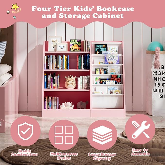 Pink 4-Tier Kids Wooden Bookshelf, 5 Layer Sling Bookcase, Baby Storage Book - Image 4