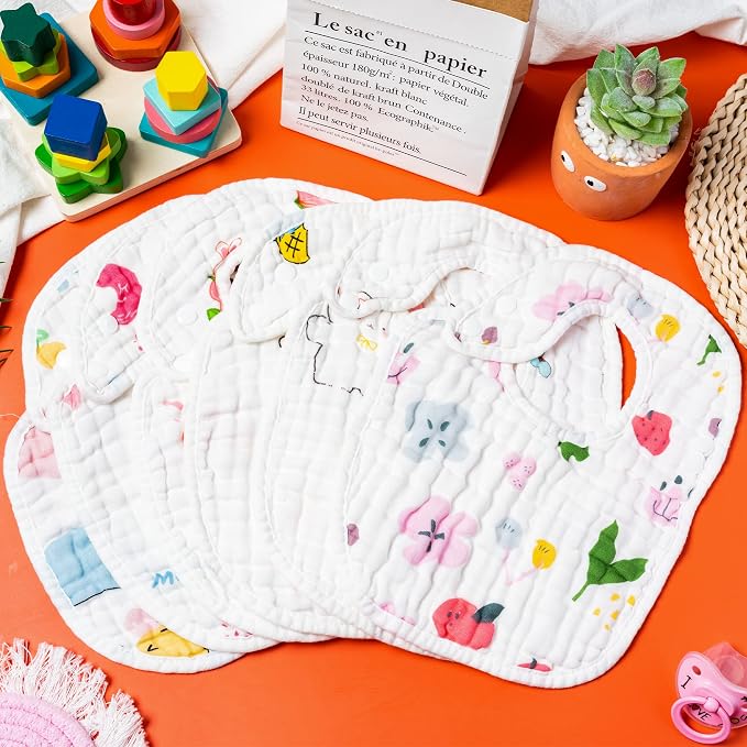 Zainpe 6Pcs Snap Muslin Cotton Baby Bibs Star Cat Rabbit Pattern Adjustable - Image 4