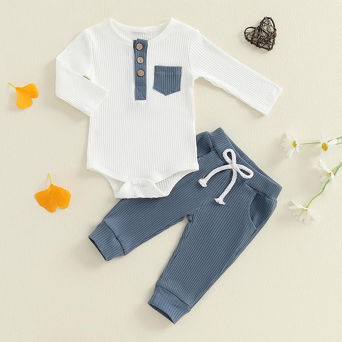 fhutpw Baby Boy Clothes 3 6 12 18 Months Ribbed Knitted Long Sleeve Romper and - Image 3