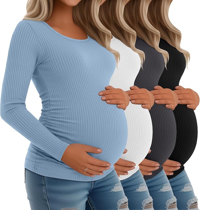 Riyiper 4 Pack Women's Maternity Shirts, Long Sleeve Cotton Ribbed Pregnancy by Riyiper