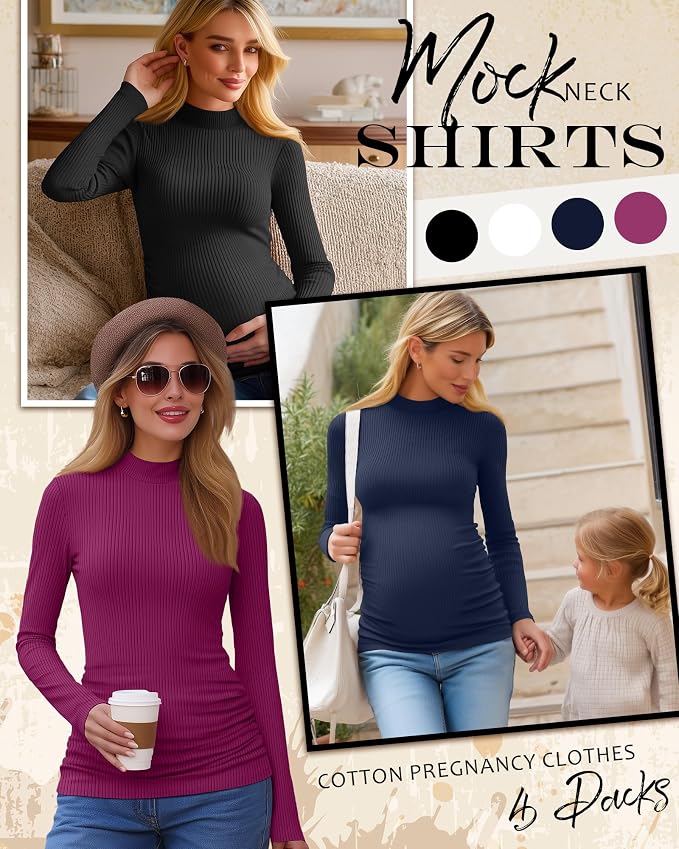 4 Packs Womens Maternity Shirts Long Sleeve Cotton Ribbed Pregnancy Mock Neck - Image 3