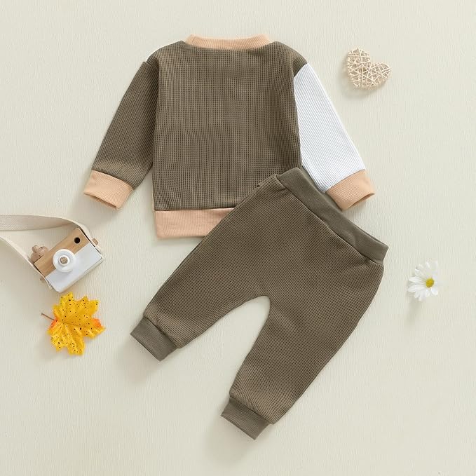 Toddler Baby Boy Fall Clothes Waffle Outfit Long Sleeve Color Blocking - Image 7