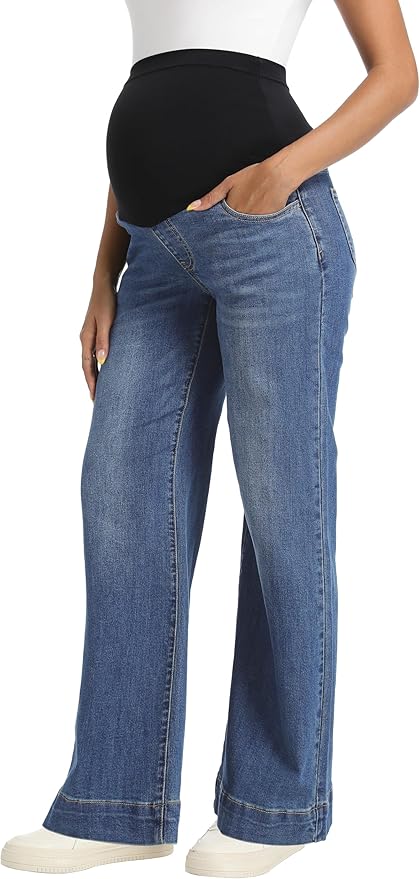 Foucome Women's Maternity Jeans Wide Leg Trendy Comfy Stretchy Straight Leg by Foucome