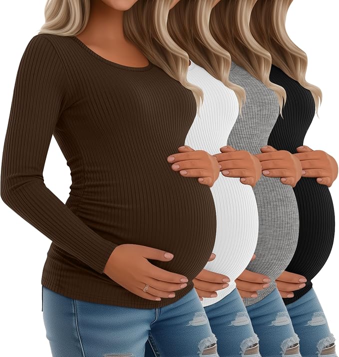 Riyiper 4 Pack Women's Maternity Shirts, Long Sleeve Cotton Ribbed Pregnancy by Riyiper