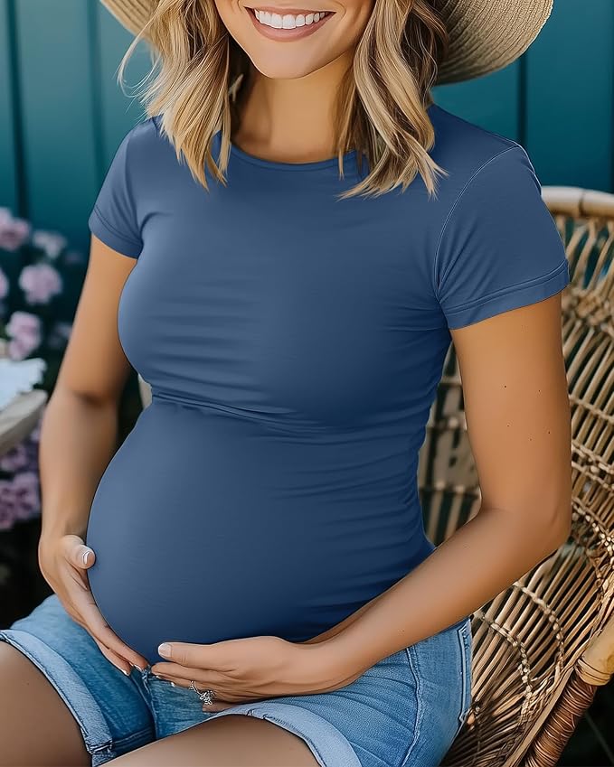Huukeay 4 Pack Women's Maternity Shirts, Crew Neck Maternity Top Short Sleeve - Image 5