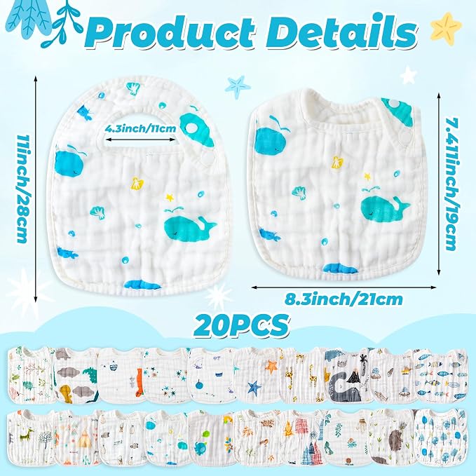 Zainpe 20Pcs Snap Muslin Cotton Baby Bibs Soft Absorbent Adjustable Burp Cloths - Image 2