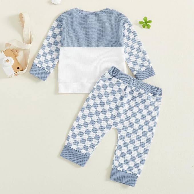 Toddler Baby Boy Fall Clothes Waffle Outfit Long Sleeve Color Blocking - Image 7