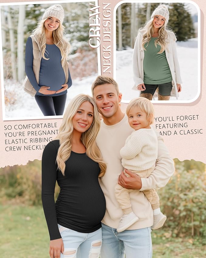 Riyiper 4 Pack Women's Maternity Shirts, Long Sleeve Cotton Ribbed Pregnancy - Image 4