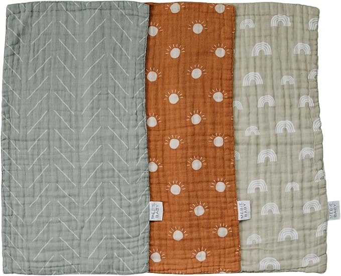 Mebie Baby Burp Cloths, Neutral Print 3-Pack, Muslin Burp Cloth Set by MebieBaby