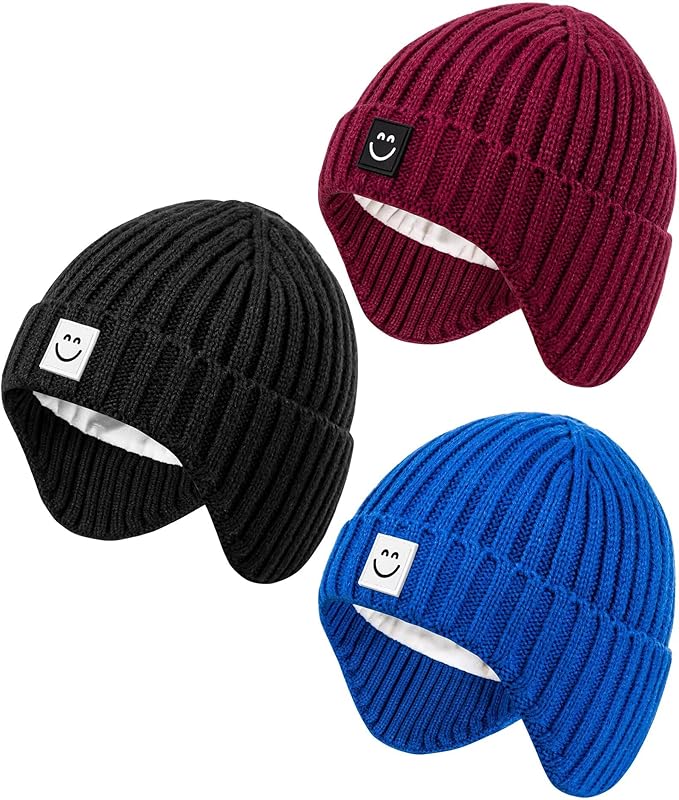 3 Pack Baby Beanie Hats with Earflaps, 2 Size Baby Winter Hat by Alepo