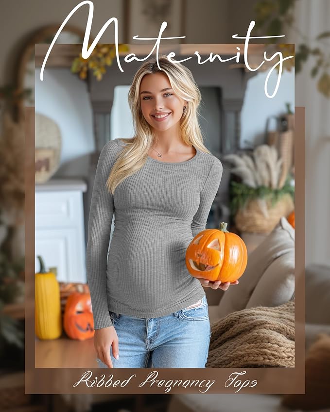 Huukeay 4 Pack Women's Maternity Shirts, Long Sleeve Cotton Ribbed Pregnancy - Image 3