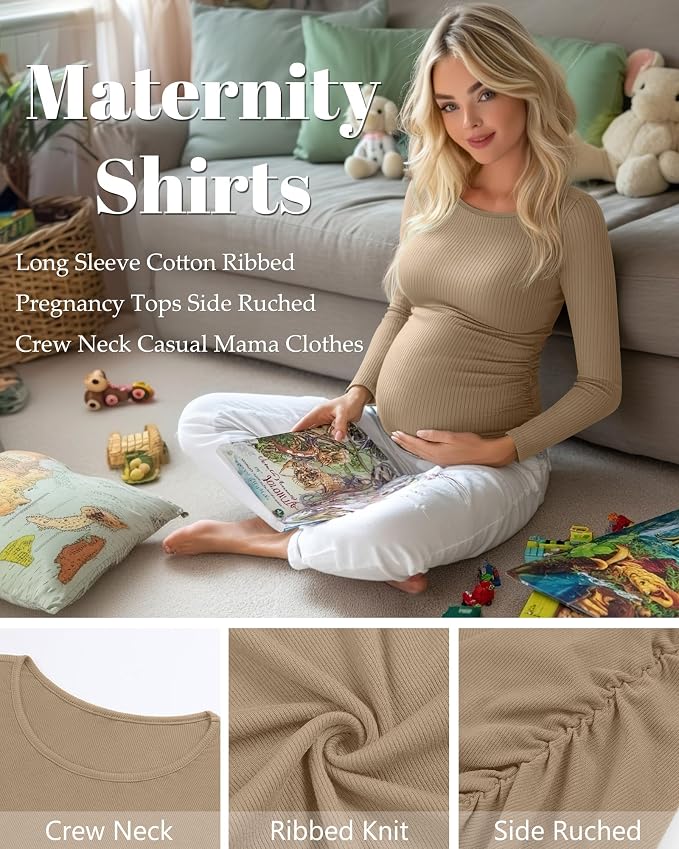 Huukeay 4 Pack Women's Maternity Shirts, Long Sleeve Cotton Ribbed Pregnancy - Image 5