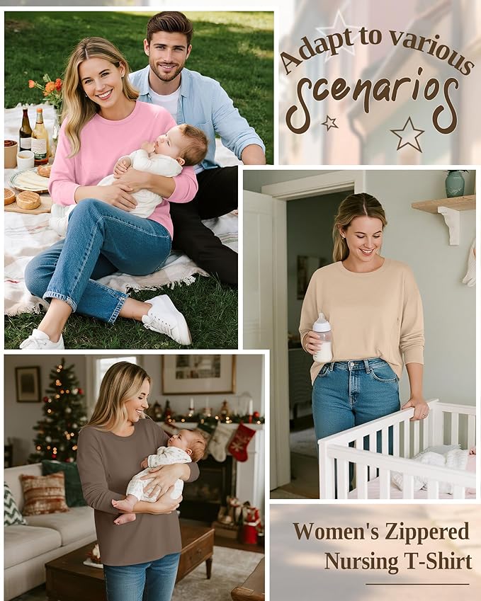 3 Pack Women's Nursing Breastfeeding Tops, Long Sleeve Maternity Shirts - Image 2