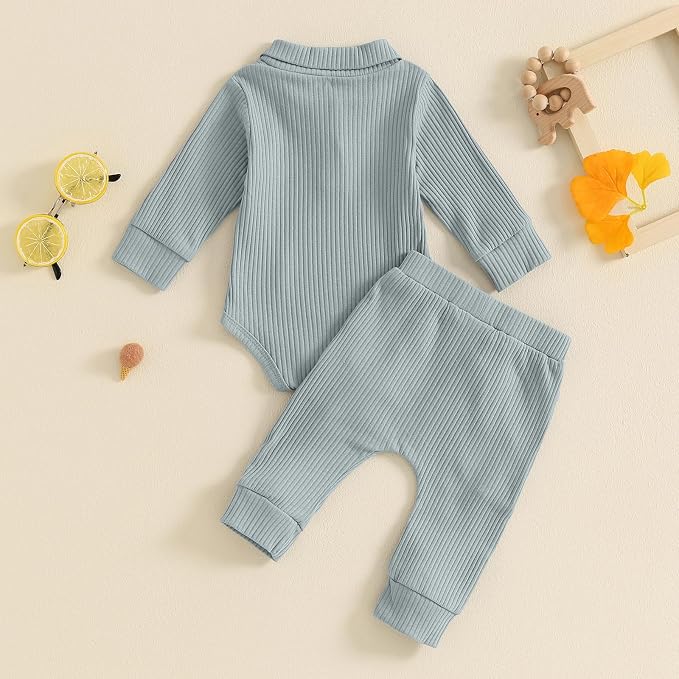Newborn Baby Boy Girl Clothes Ribbed Knitted Long Sleeve Romper Pants Solid - Image 3