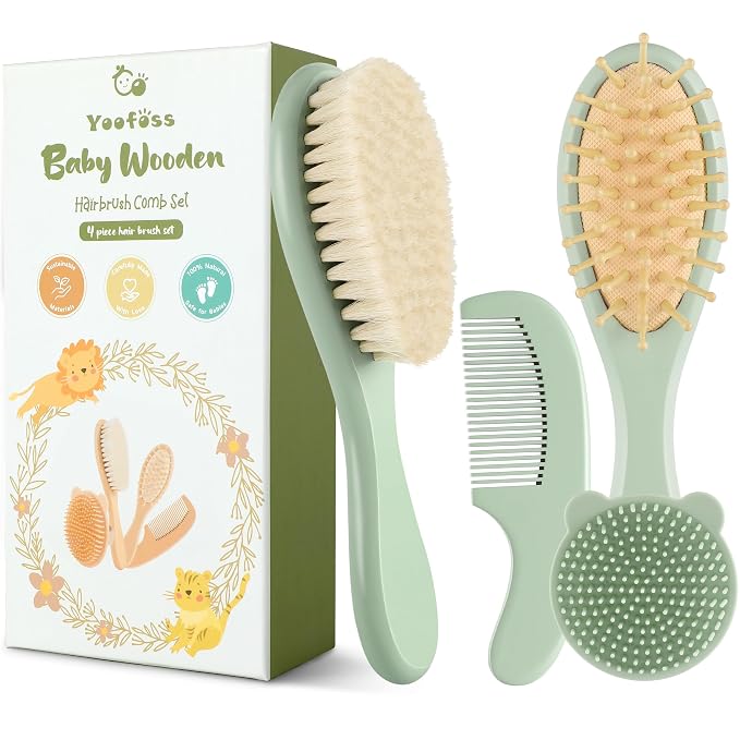 Yoofoss 4 Piece Baby Hair Brush and Comb Set，Wooden Baby Hair Brush by YOOFOSS