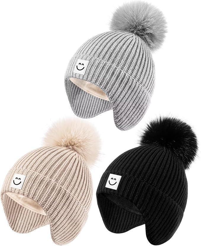 3 Pack Baby Winter Hats with Earflaps, 2 Size Kids Pom Pom Beanie by Alepo