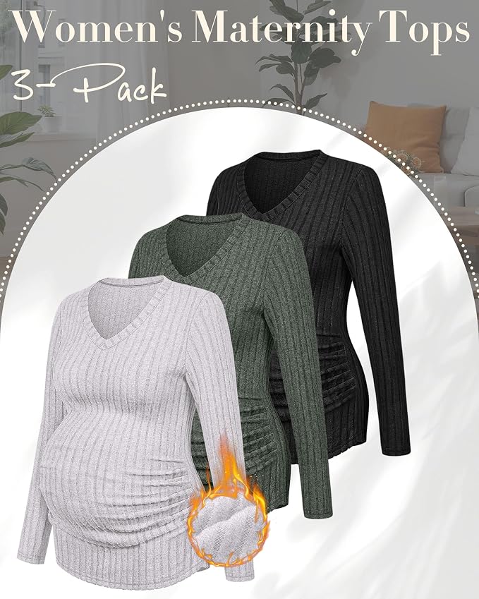 Ficerd 3 Pack Women's Maternity Shirts Ribbed Long Sleeve Pregnancy Tops V Neck - Image 3