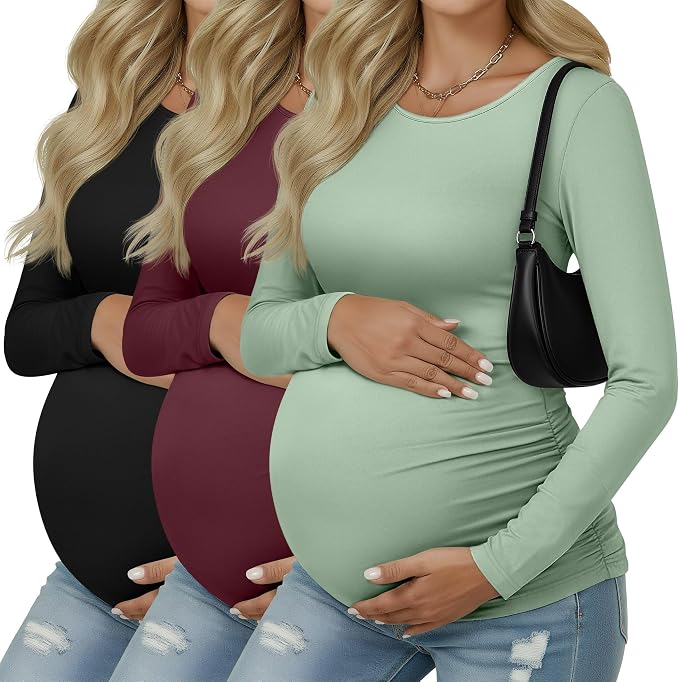 Ficerd 3 Pack Women's Maternity Shirts, Long Sleeve Side Ruched Pregnancy Tee by Ficerd