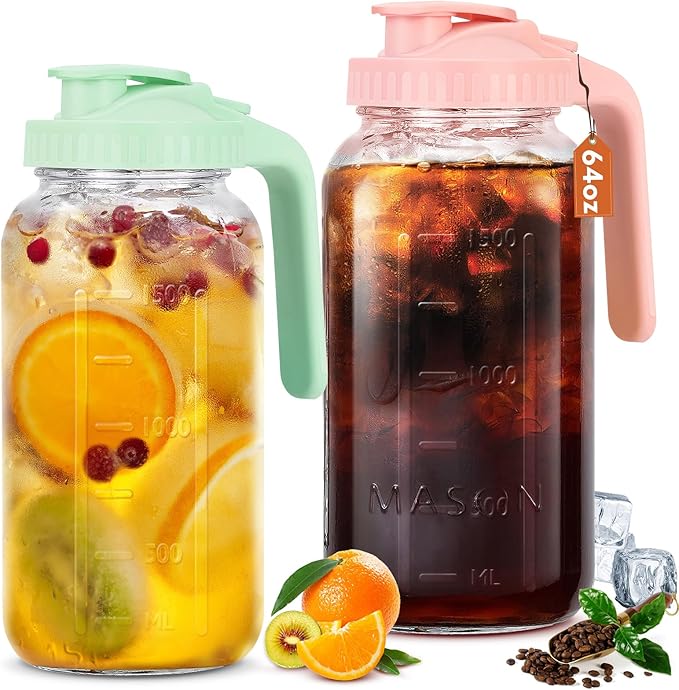 Glass Pitcher with Lid, 64 OZ Mason Jar Pitcher Double Leak Proof, 2 Quart by Mihlapi