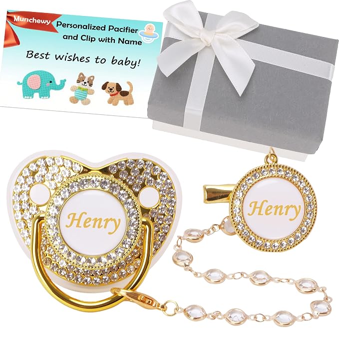 Personalized Pacifier with Name, Customized Pacifier Clip Set with Gift Box by Munchewy