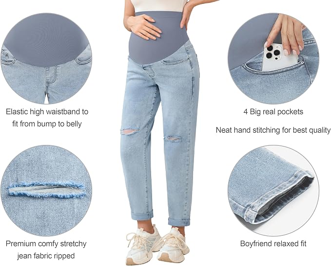 POSHGLAM Women's Maternity Jeans Over Belly Comfy Stretch 28'' Boyfriend Jeans - Image 2