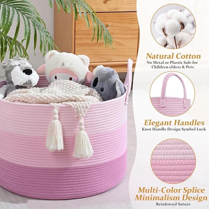 67L Rainbow Storage Basket for Organizing, Cotton Rope Woven Blanket Basket - Image 6