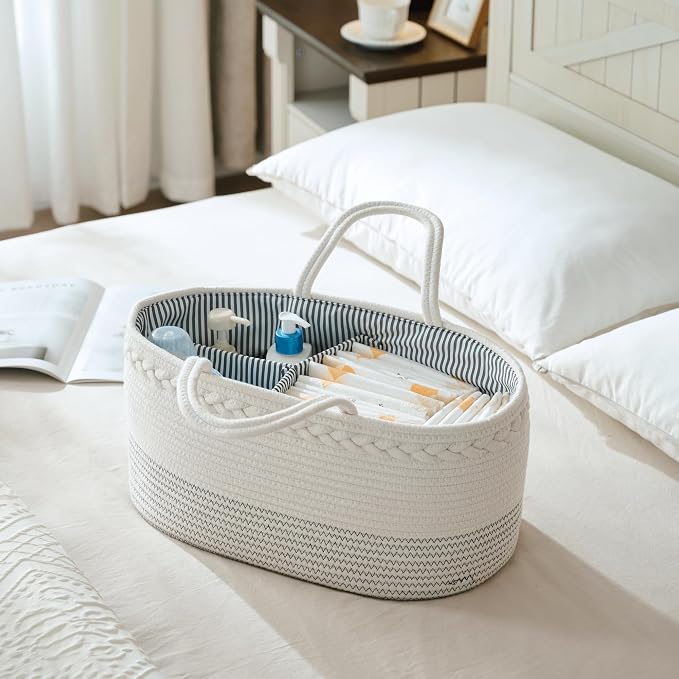 luxury little Diaper Caddy Organizer, Large Cotton Rope Nursery Baby Basket - Image 2