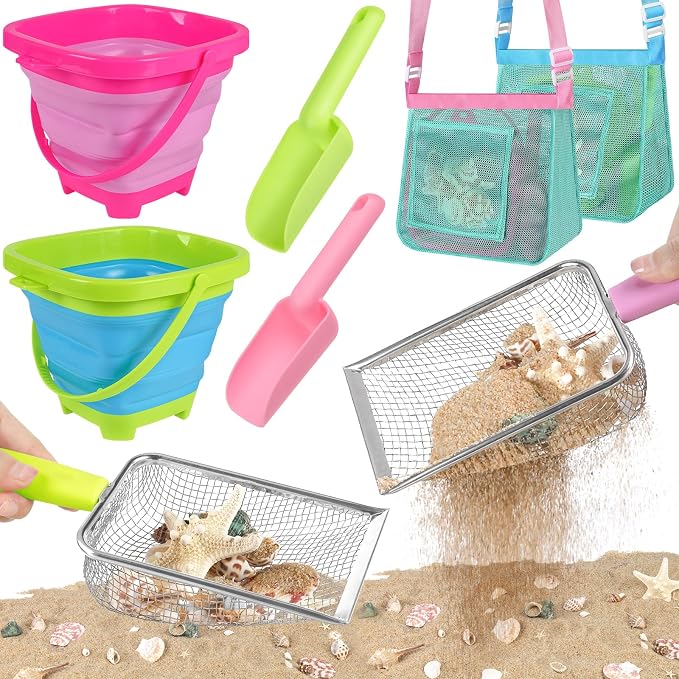Beach Toys, Sand Toys with 2 Collapsible Beach Bucket and Beach Mesh Shovel by FHOZGECY