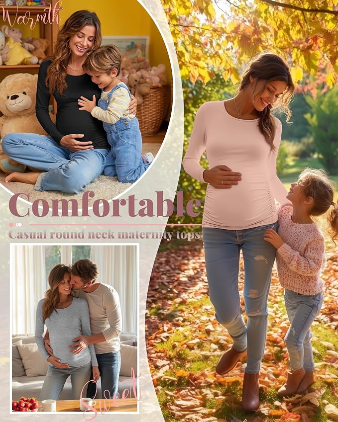 Ficerd 3 Pack Women's Maternity Shirts, Long Sleeve Side Ruched Pregnancy Tee - Image 4
