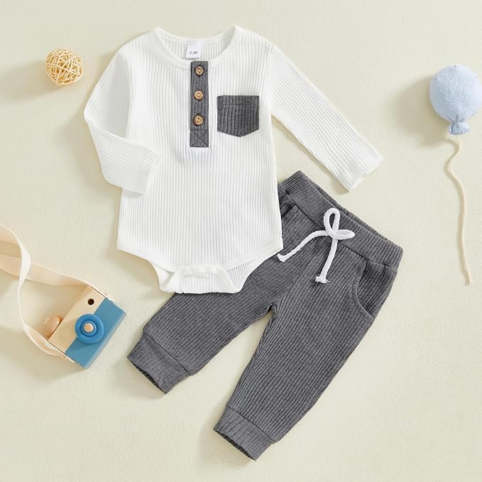 fhutpw Baby Boy Clothes 3 6 12 18 Months Ribbed Knitted Long Sleeve Romper and - Image 2