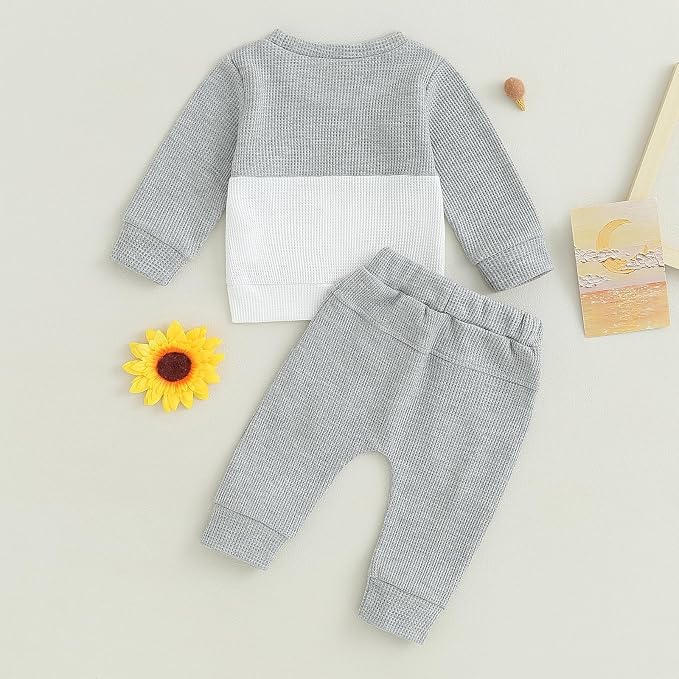 Toddler Baby Boy Fall Clothes Waffle Contrast Color Sweatshirt Pants Sets - Image 4