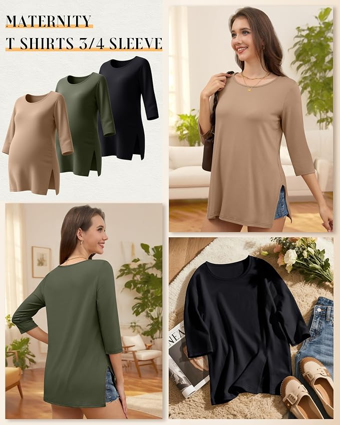 3 Pack Women's 3/4 Sleeve Maternity Shirts Elbow Length Clothes Round Neck - Image 3