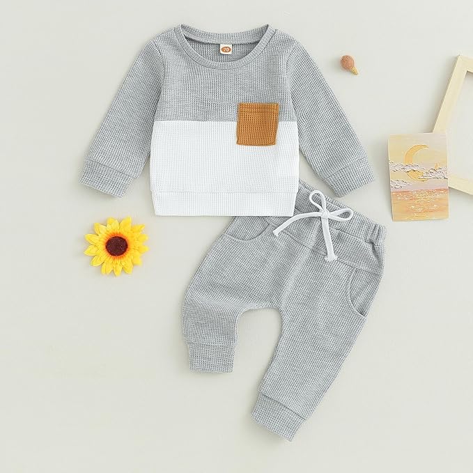 Toddler Baby Boy Fall Clothes Waffle Contrast Color Sweatshirt Pants Sets - Image 2