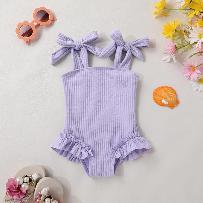 Happy Town Toddler Swimsuit Girl Solid Color Stripe One-Piece Baby Bathing Suits - Image 2