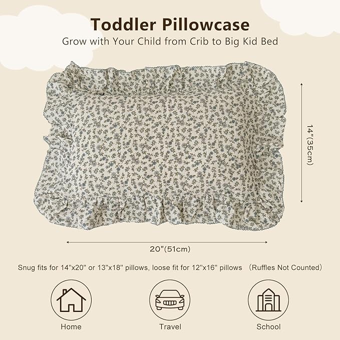 BuLuTu 2 Layers Muslin Cotton Toddler Pillowcase, Shabby Chic Blue Floral Print - Image 2