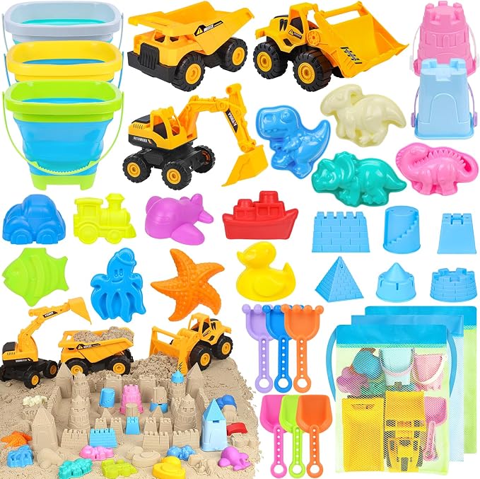 Beach Toys, 3 Collapsible Beach Bucket, Sand Castle Building Kit, Sand Molds by FHOZGECY